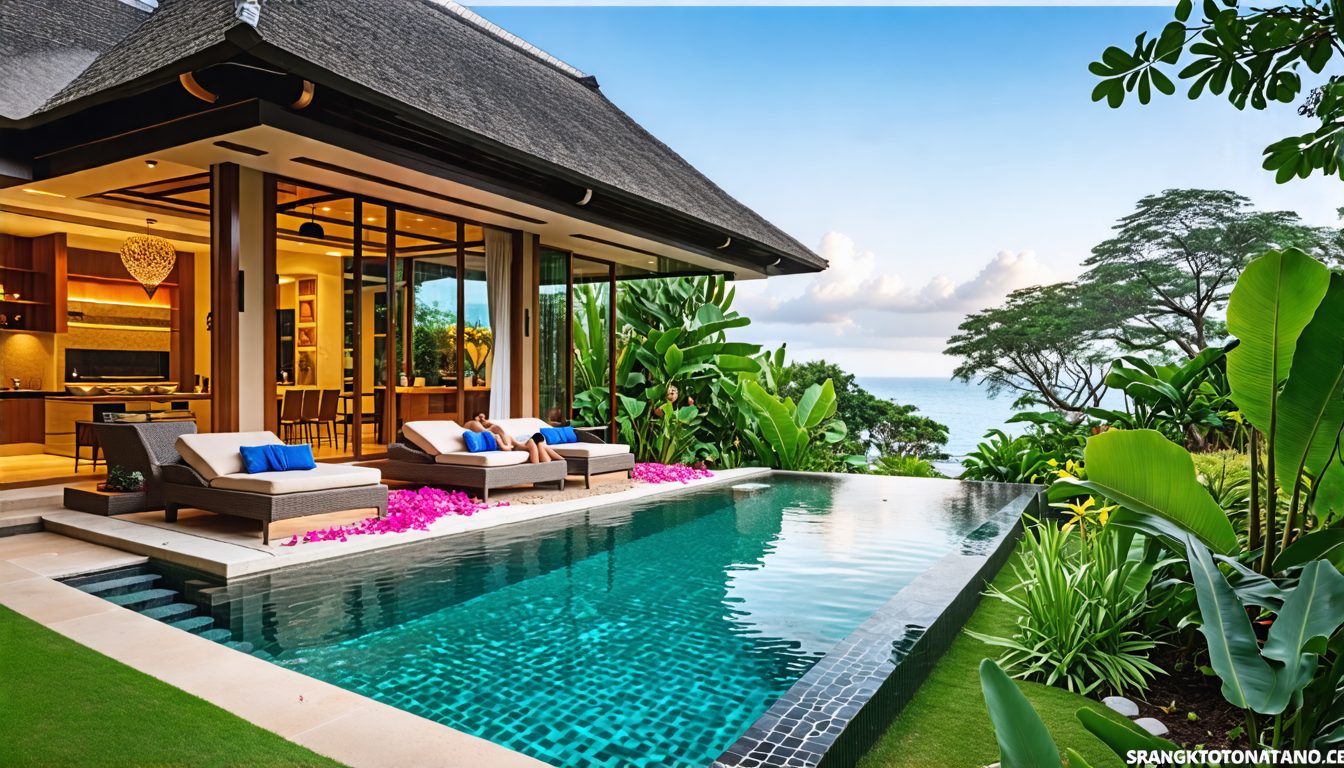 A luxurious tropical villa in Bali, surrounded by lush greenery and exotic gardens, featuring an infinity pool overlooking the ocean, beautifully decorated interiors with traditional Balinese art and