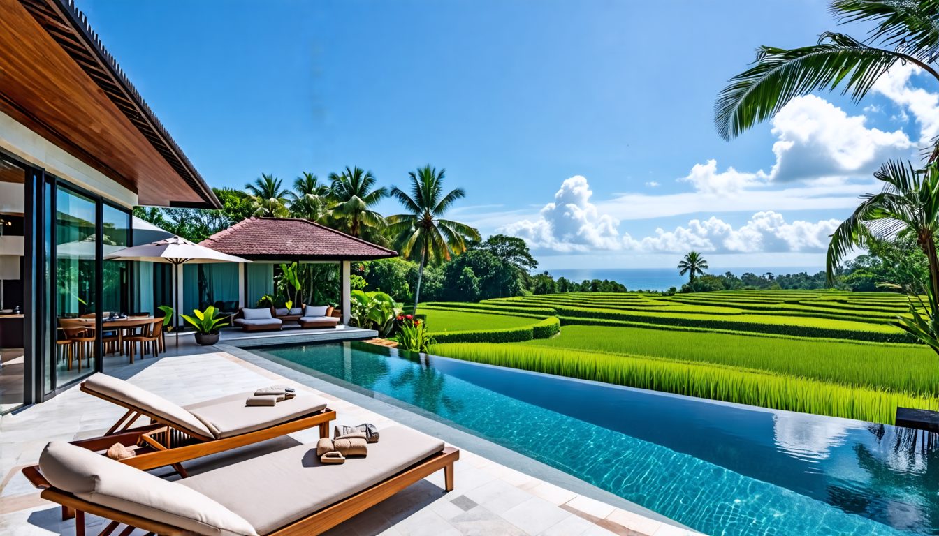 Create an image of a luxurious villa named Villa Amy set in an exclusive Bali location. The villa should showcase modern yet elegant architecture with spacious outdoor and indoor living areas. The ext