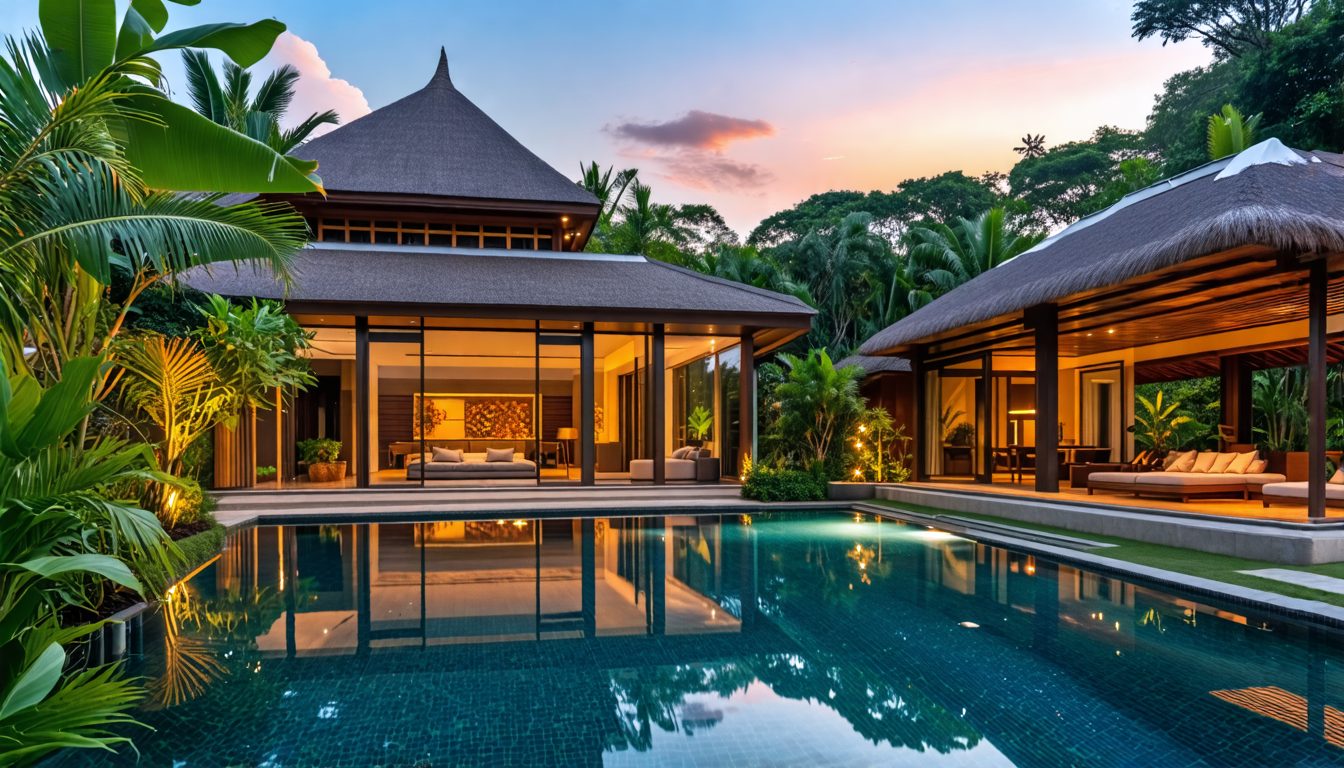 Create a serene and luxurious image of 'Villa Amy' nestled in the lush, tropical landscape of Bali. The villa should feature an elegant and modern design with expansive open spaces, large glass window