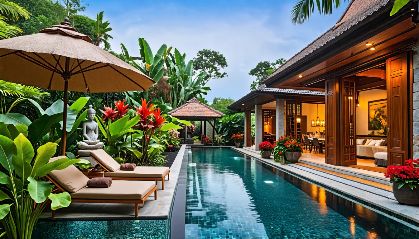 Create an image of Villa Amy in Bali, showcasing its luxurious and exclusive sanctuary vibe. The scene should feature a beautifully designed private villa with tropical gardens, serene poolside with l