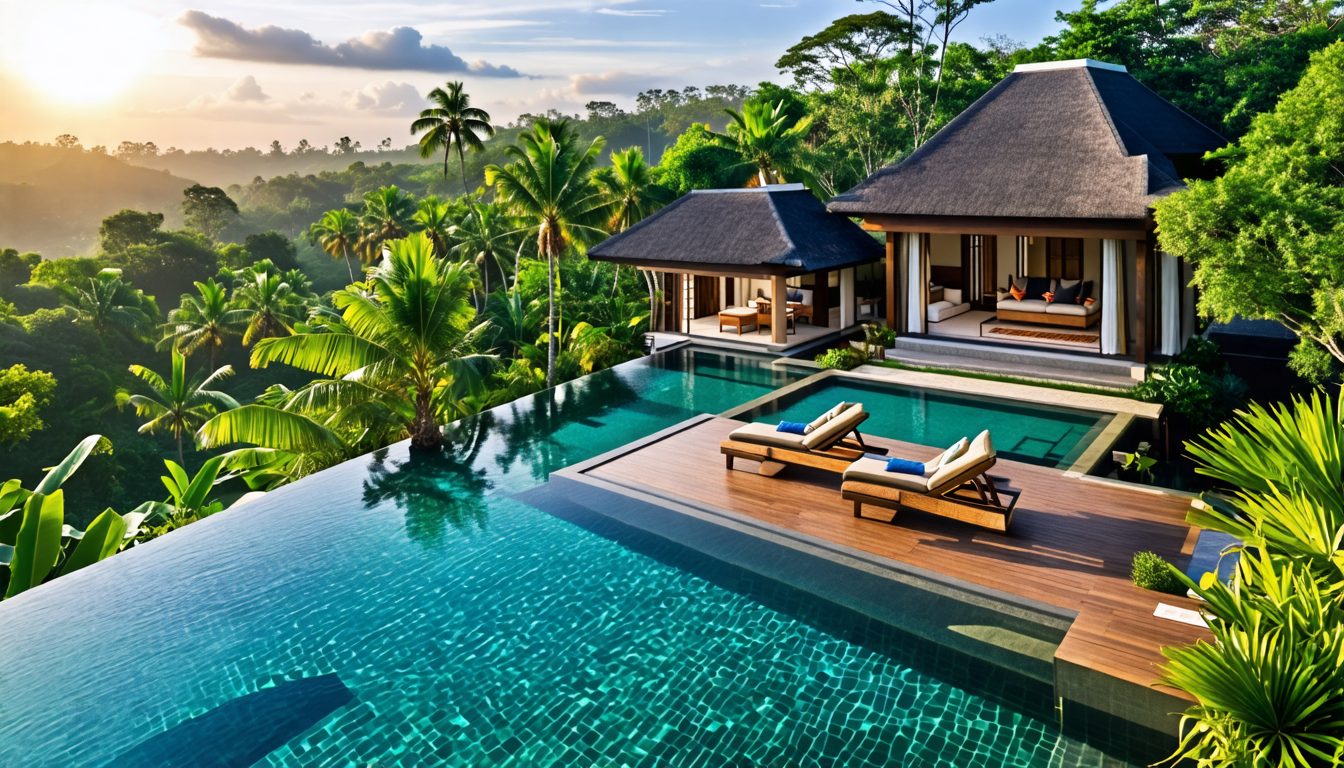 Creating an opulent sanctuary: Capture a breathtaking aerial view of Villa Amy, an exclusive retreat nestled in the lush greenery of Bali. Showcase the luxurious infinity pool, elegant Balinese archit