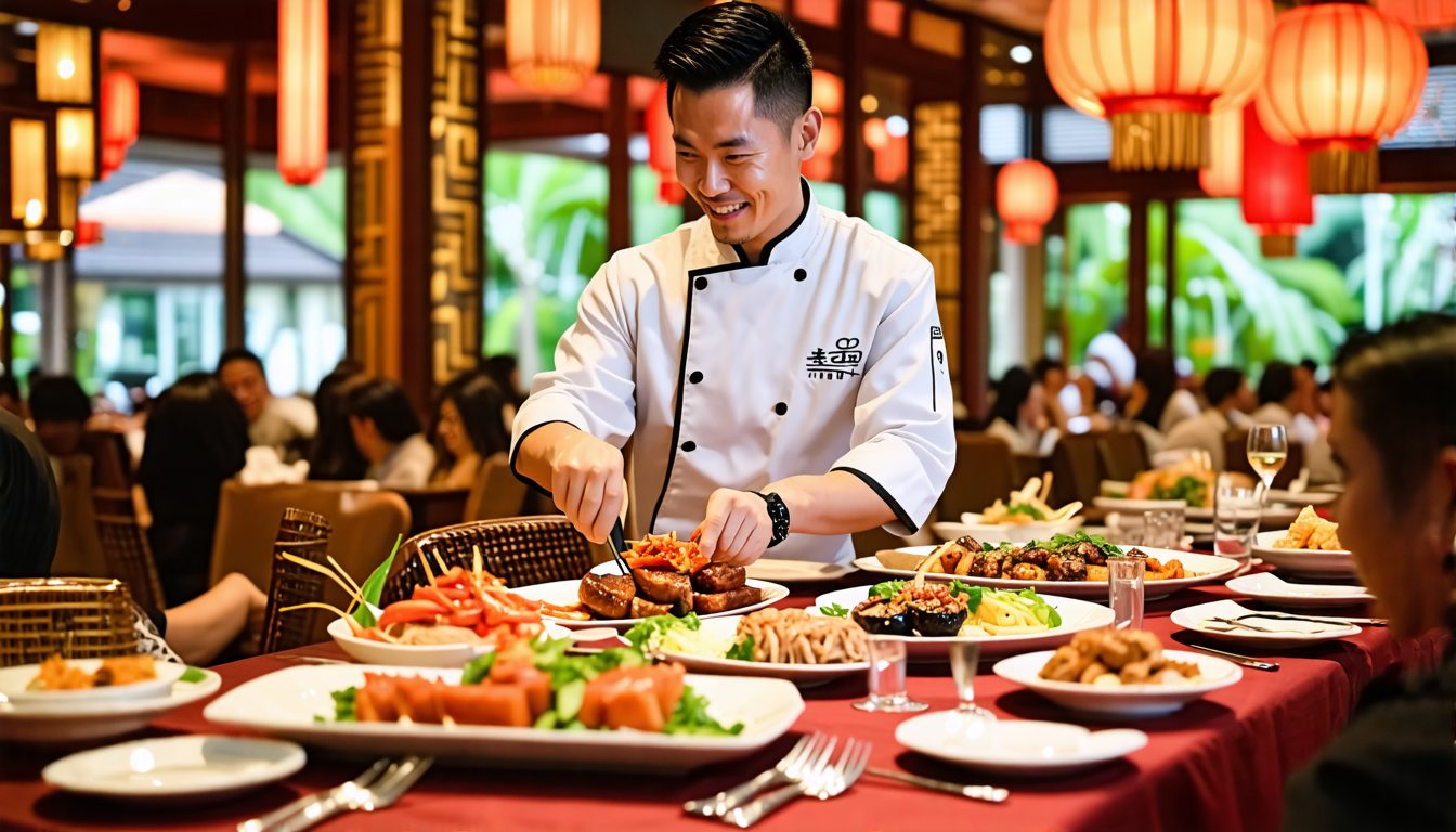 Create a vibrant scene at Table8 Chinese Restaurant in Nusa Dua, Indonesia, showcasing a waiter named Deo providing exceptional service. The setting should feature elegant Chinese decor, beautifully p