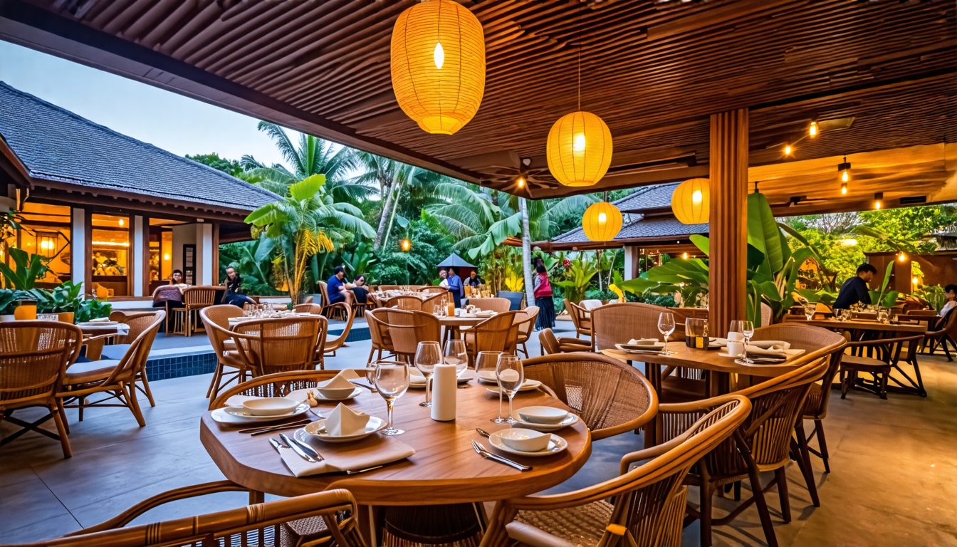 Create an image of a lively, upscale restaurant set in Kerobokan Kelod, Indonesia, featuring a beautifully decorated venue with attentive staff, happy patrons enjoying exquisite dishes, and engaging a