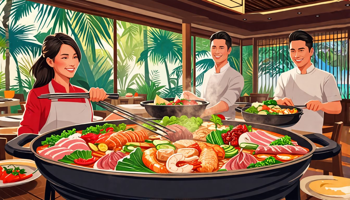 Create a vibrant and inviting illustration capturing a delightful hotpot dining experience at Bai Yun, Nusa Dua, Indonesia. Showcase a cozy, elegantly designed restaurant ambiance with smiling diners