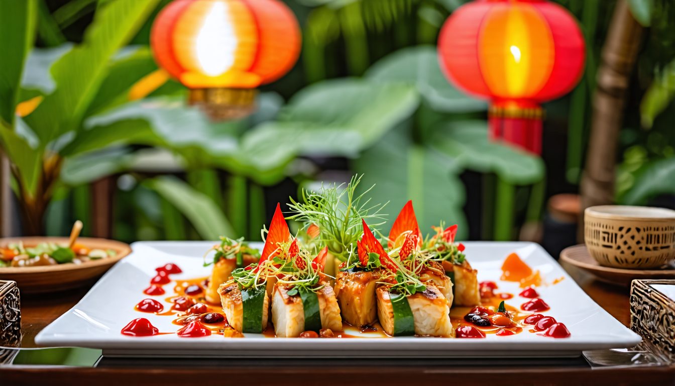 Create an image of an elegant Asian restaurant in Nusa Dua, Indonesia, named 'Lotus Asian Restaurant.' Capture the genuine cuisine and ambiance, showcasing beautifully presented Asian dishes on a rust