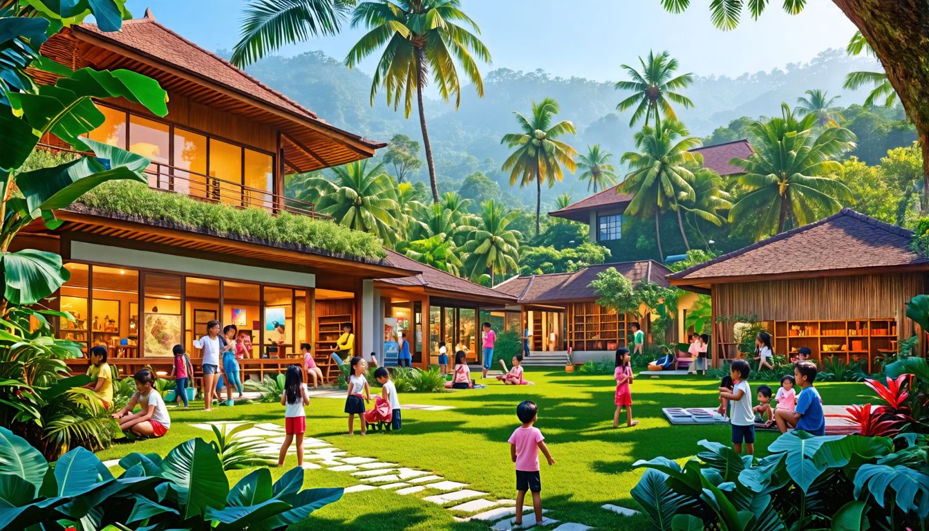 A vibrant and colorful Balinese villa being transformed into an international school; the lush garden is now a lively playground with children of different nationalities playing, teachers instructing