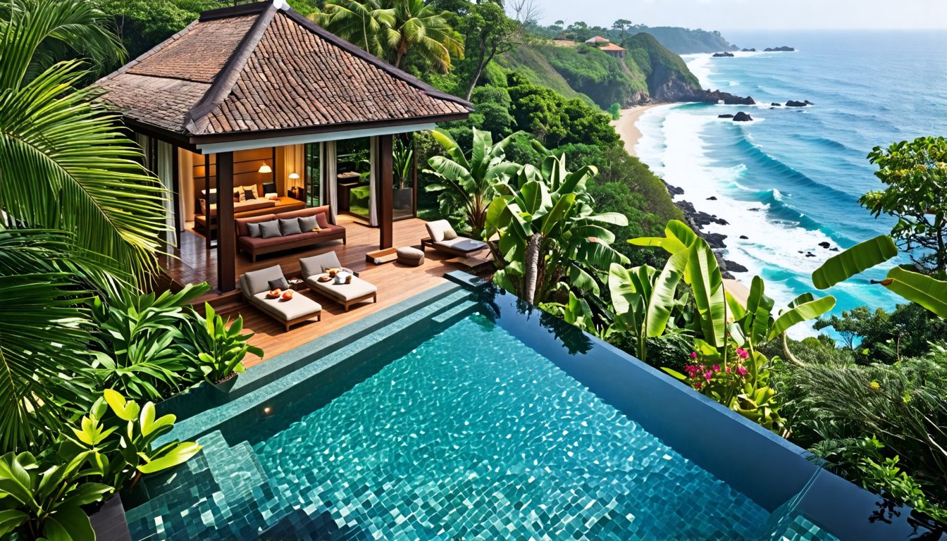 Create a high-quality image depicting a serene Balinese villa nestled amidst lush tropical greenery, with an infinity pool overlooking the ocean. In the scene, tourists are seen lounging by the pool,