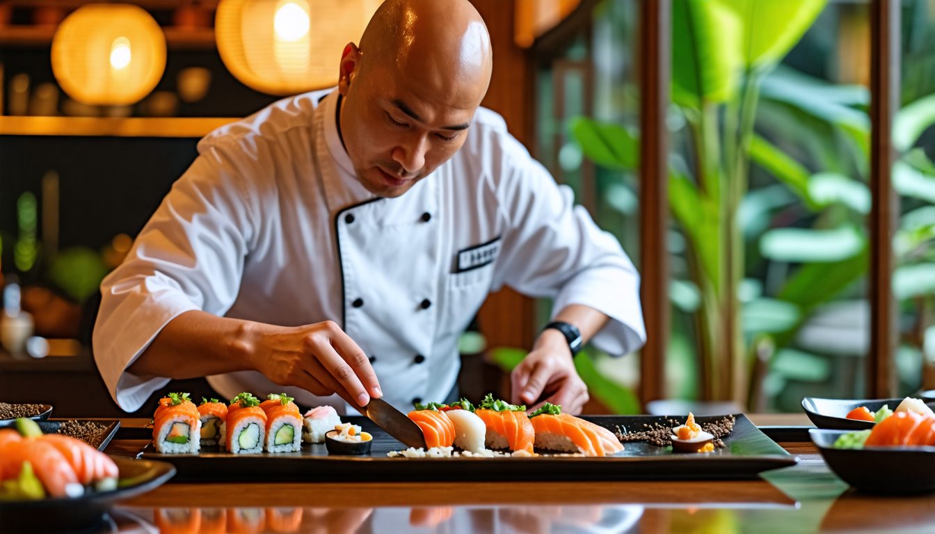 Create an image of a sophisticated omakase dining experience set in an intimate, upscale restaurant called Api Jiwa in Kelusa, Indonesia. Highlight the unique flair by featuring a charismatic, bald ch