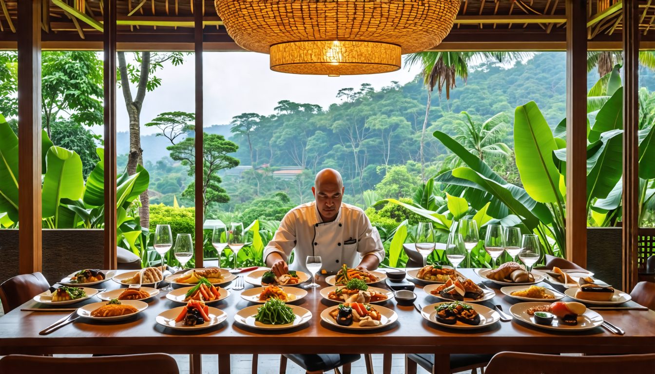 Create a vibrant and detailed illustration of a luxurious omakase dining experience at Api Jiwa in Kelusa, Indonesia. Highlight the unique setting and ambiance of the restaurant, including the chef's