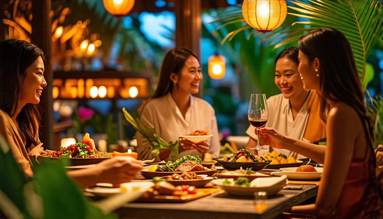 Create an image that showcases a beautifully designed Balinese-inspired restaurant named Ling-Ling's in Seminyak, Bali, Indonesia. Include Ratna, a staff member, who is receiving praise for her except