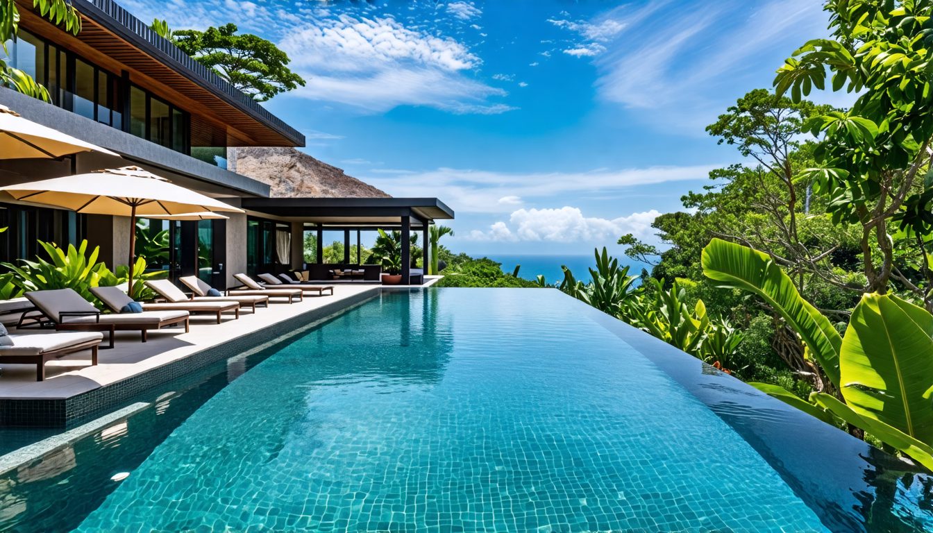 Create an image of the luxurious Pandawa Cliff Estate - The Pala in Bali, showcasing its stunning cliffside infinity pool with an ocean view, elegant modern architecture, lush tropical gardens, and op