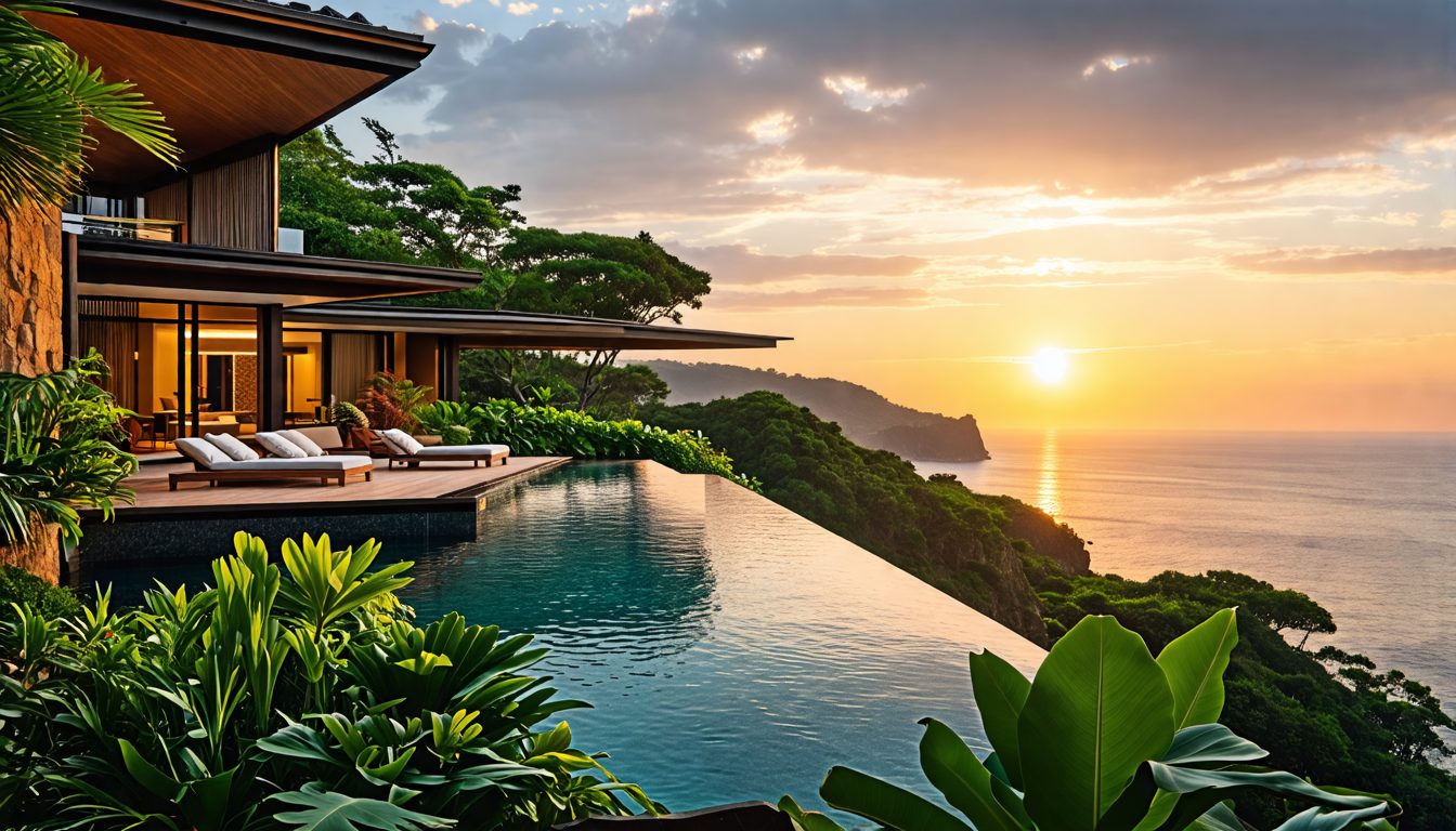 Create an image of the Bulgari Resort Bali perched on a cliff, showcasing luxurious villas surrounded by lush greenery. The scene should include a serene infinity pool blending seamlessly with the bre