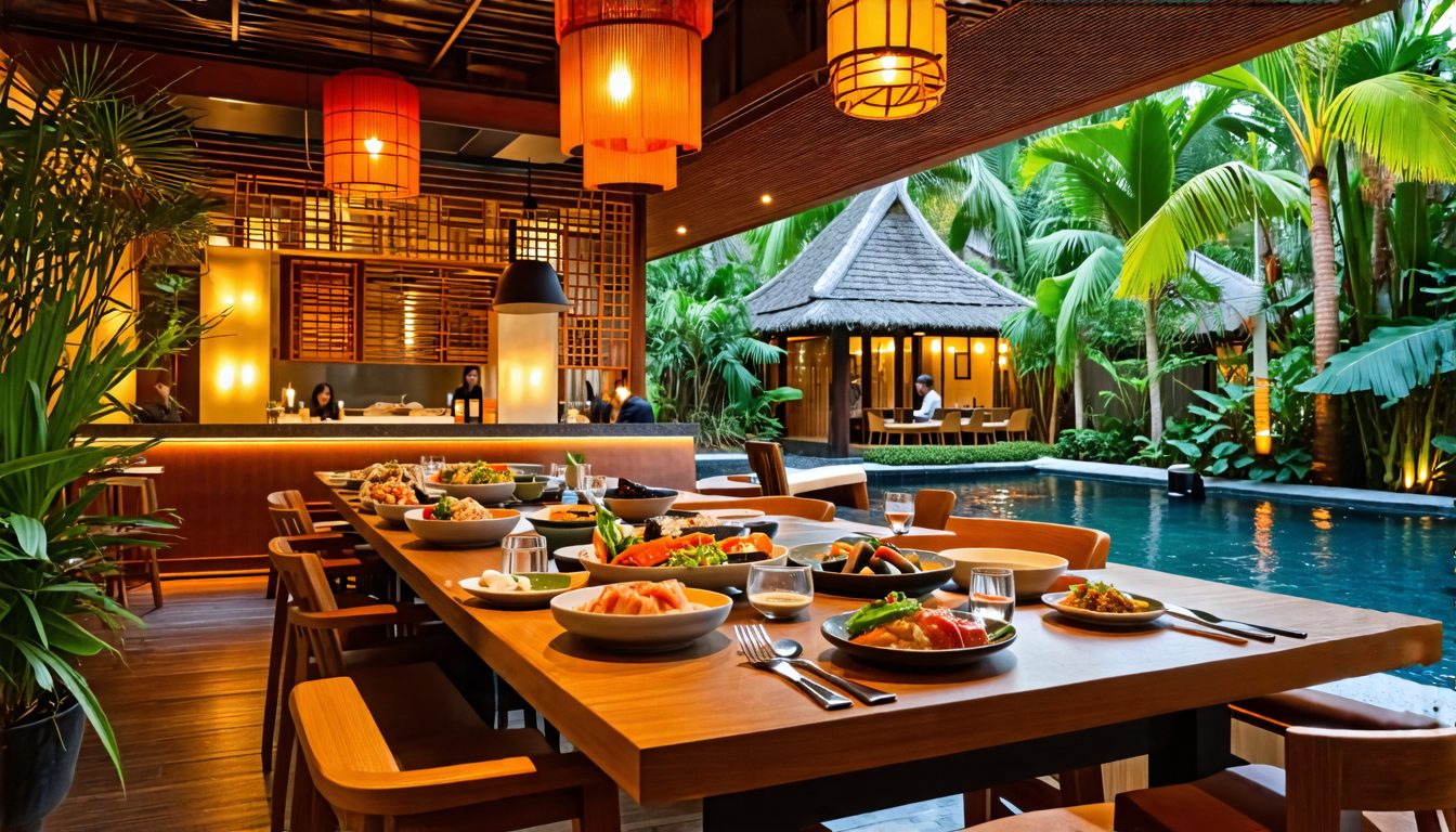 Create an image of a cozy, elegant Japanese Nikkei restaurant in Legian, Indonesia. Focus on capturing the ambiance with warm lighting, intricate Japanese decor, and lush tropical surroundings. Show a