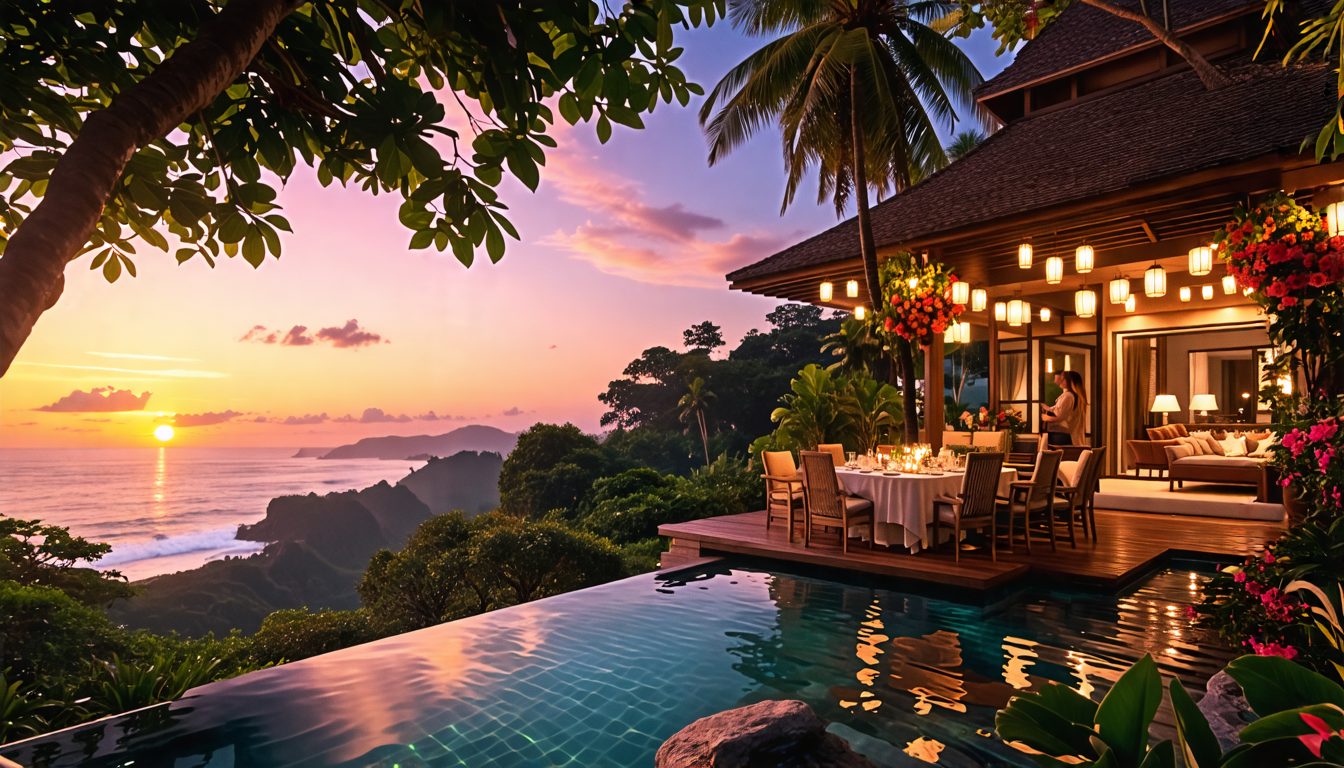 Create an image that captures the essence of romantic paradise in Bali. Showcase a dreamy resort with a luxurious villa perched on a cliff overlooking the ocean, during sunset. The scene includes a pr