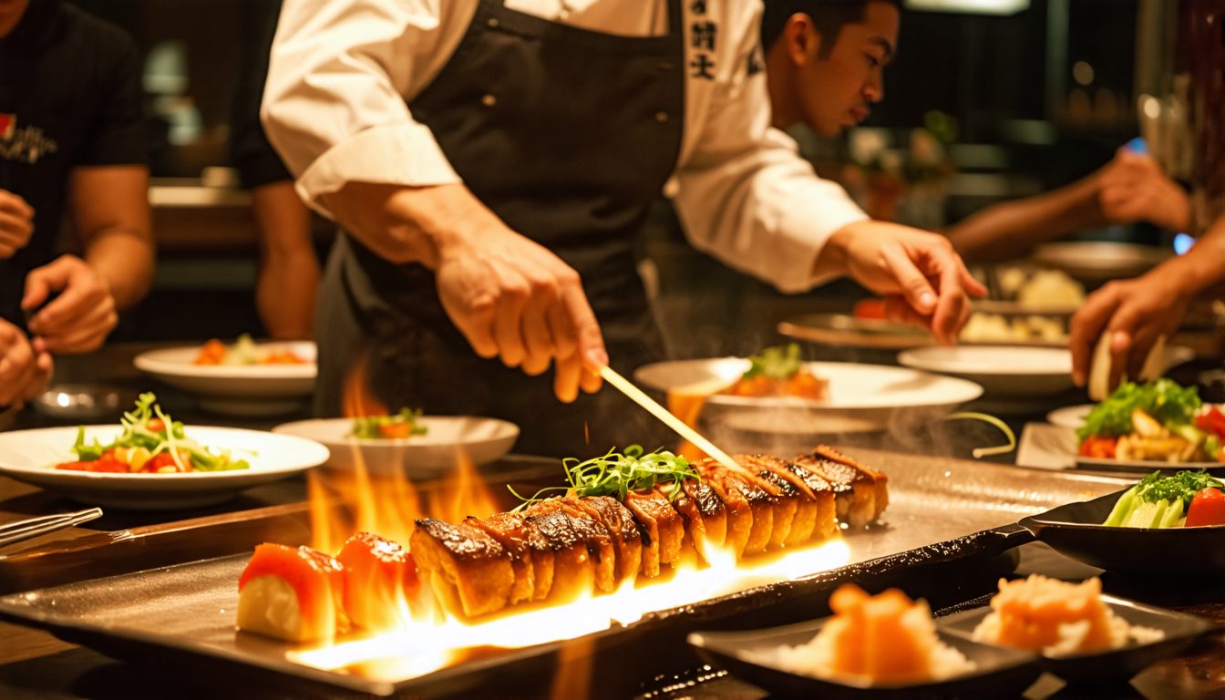 An inviting scene at Tenkai Japanese Nikkei Restaurant in Legian, Indonesia. A skilled Teppanyaki chef is mid-performance, expertly cooking and flipping ingredients with flair on a hot iron griddle. D