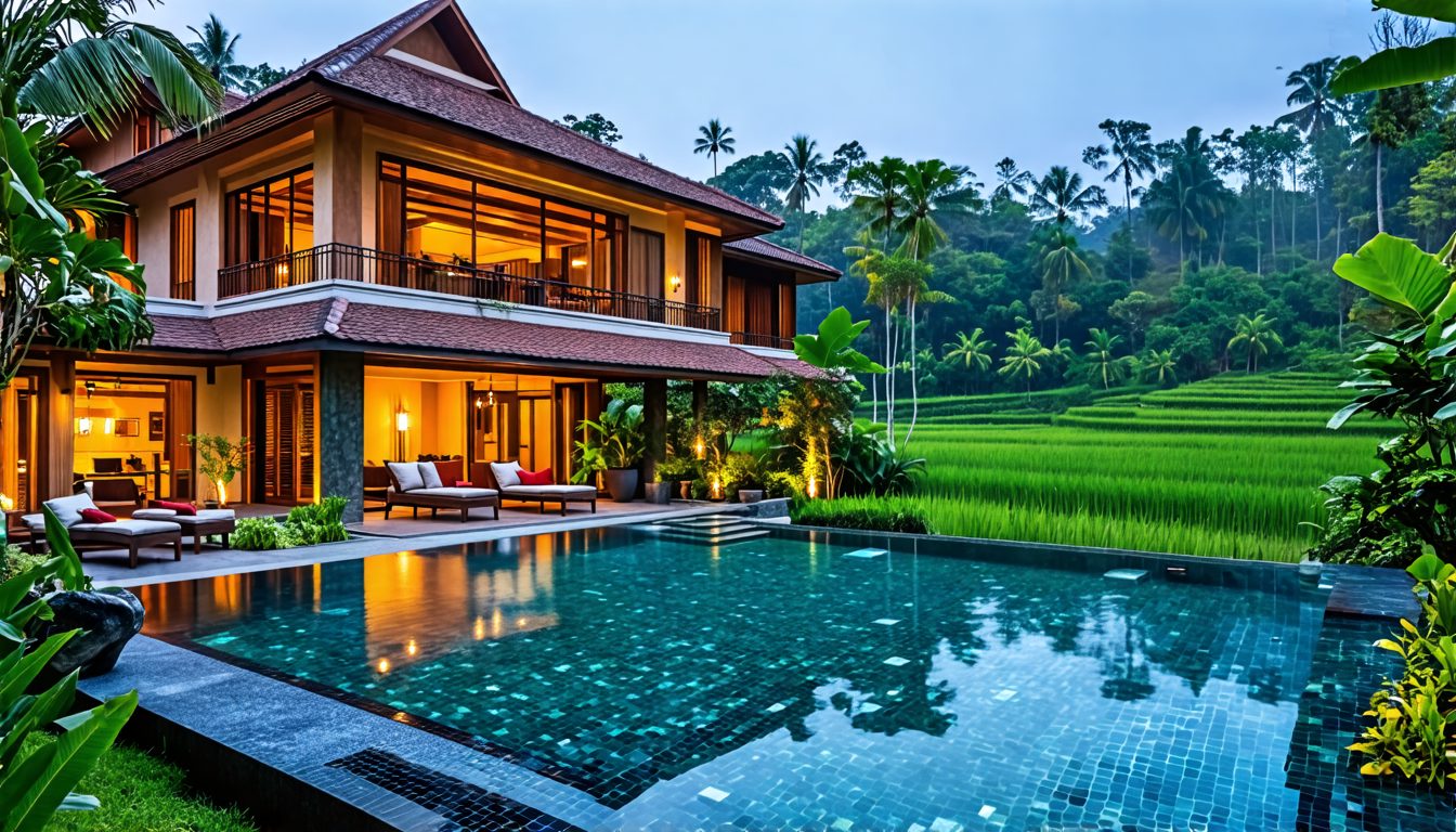 Create an image of a luxurious villa named Pala Ubud's Villa Batur in Bali, surrounded by lush tropical gardens and serene rice fields. The villa should feature an infinity pool overlooking a pictures