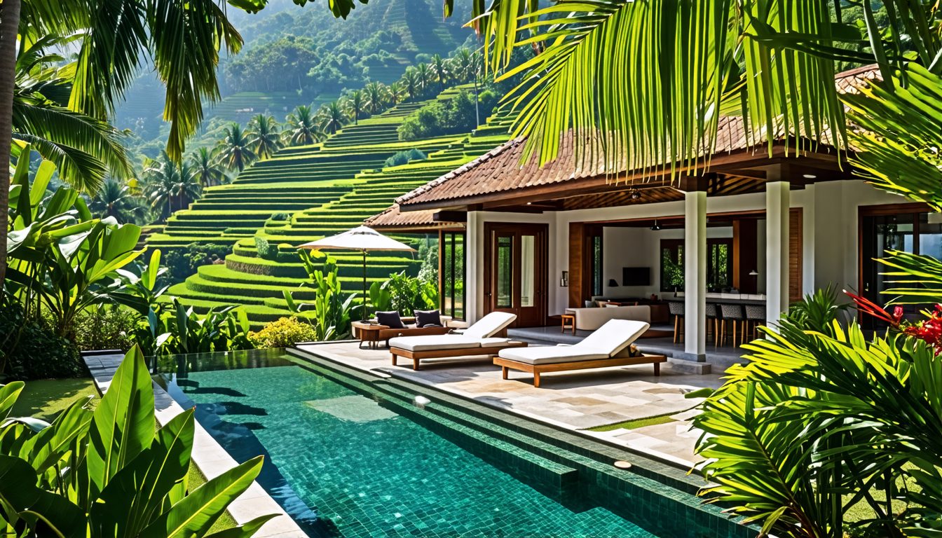 Create an image of a luxurious villa in Bali, surrounded by lush tropical gardens and serene landscapes. Showcase the elegant architecture of the villa with a private infinity pool overlooking verdant