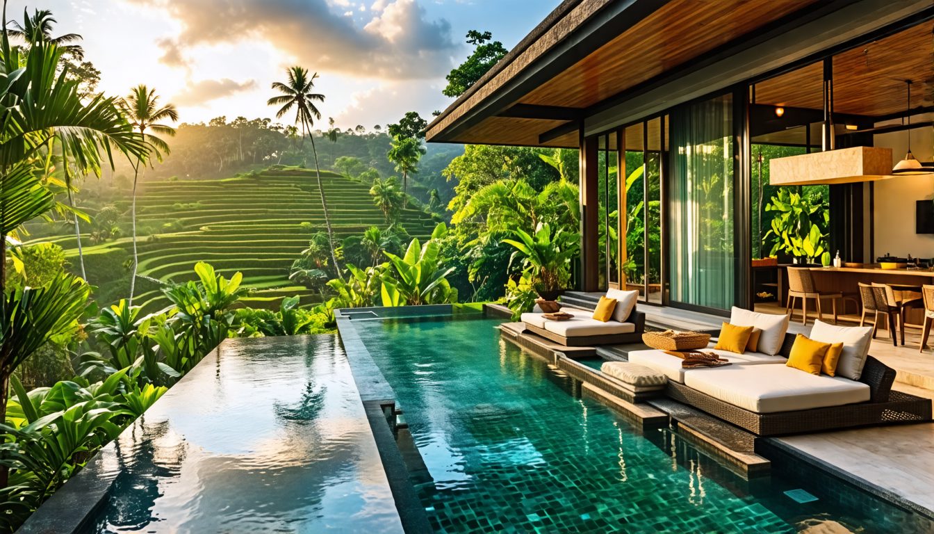 Create a high-definition image of The Pala Ubud - Villa Seraya A, a luxury villa in Bali surrounded by lush greenery and overlooking verdant rice terraces. Showcase the villa's elegant infinity pool,