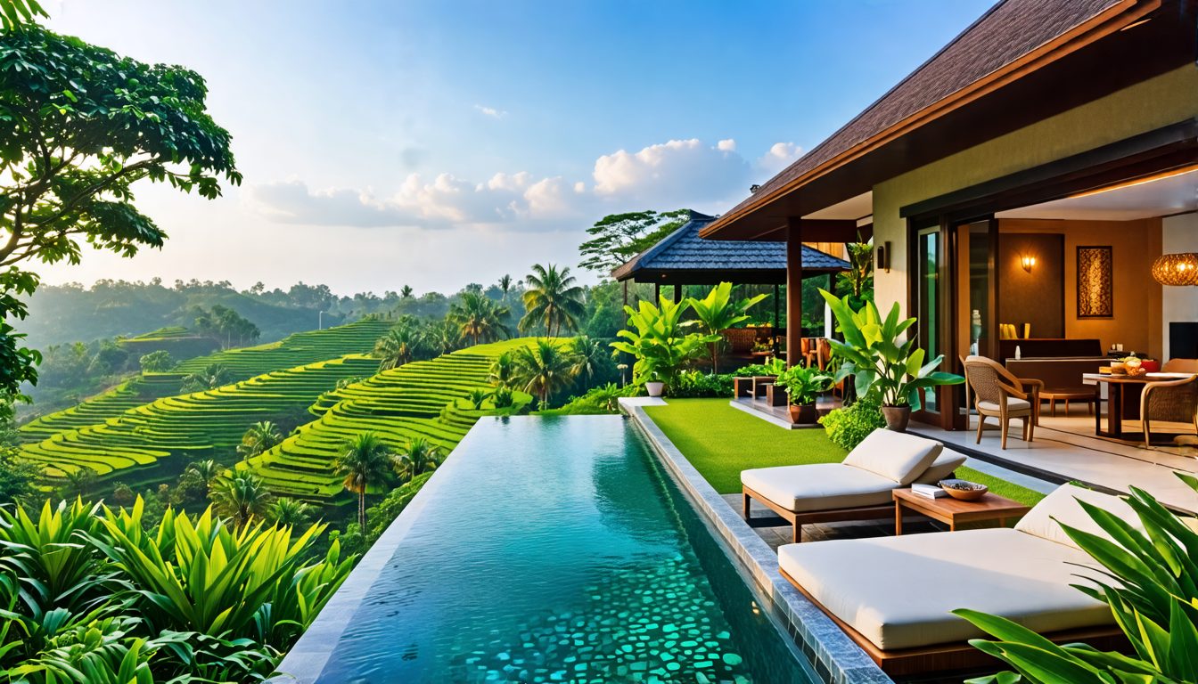 Create an image of a luxurious, exclusive villa retreat nestled in the lush greenery of Bali, specifically The Pala Ubud - Villa Seraya A. Highlight the villa's elegant architecture with traditional B