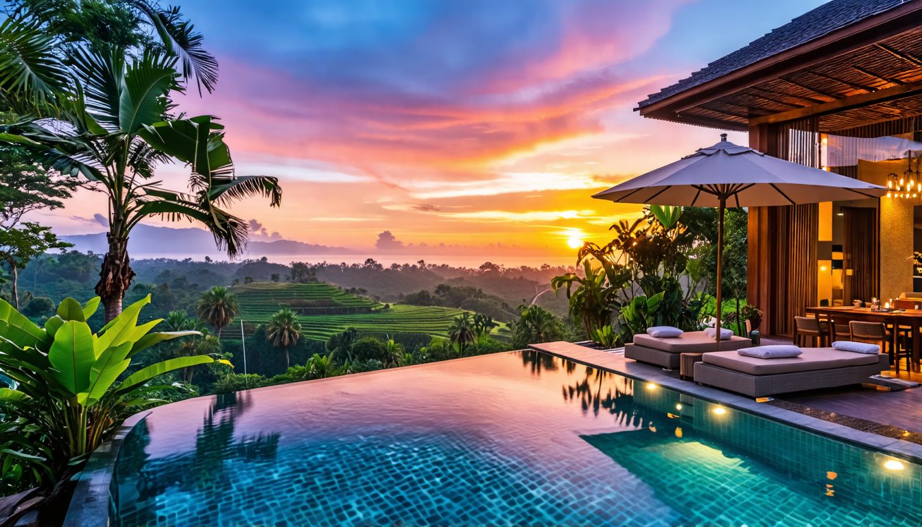 Create an image of The Pala Ubud - Villa Seraya A, a luxurious and exclusive haven in Bali. The villa should be nestled amidst lush tropical foliage and feature modern Balinese architecture with an op