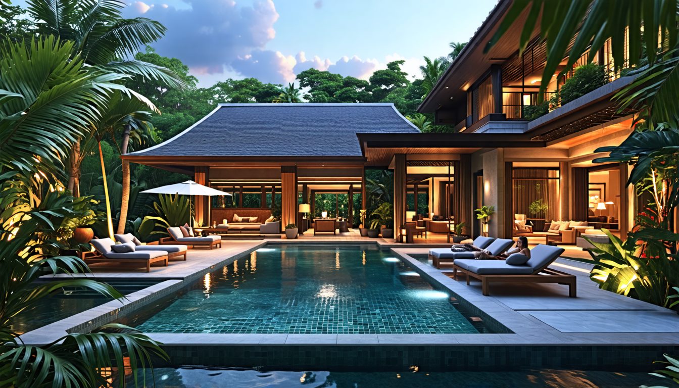 Render a luxurious villa named 'The Pala Ubud - Villa Seraya A' set in the lush, tropical landscape of Bali. Highlight elegant architectural design with traditional Balinese elements, spacious outdoor