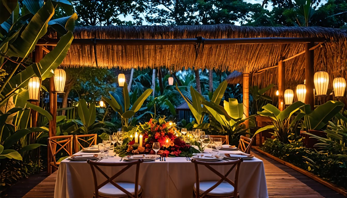 A serene, elegant dinner setting under the stars at a luxurious resort in Ubud, Bali. An exquisitely laid table with gourmet dishes, surrounded by lush, tropical greenery and ambient lighting. In the