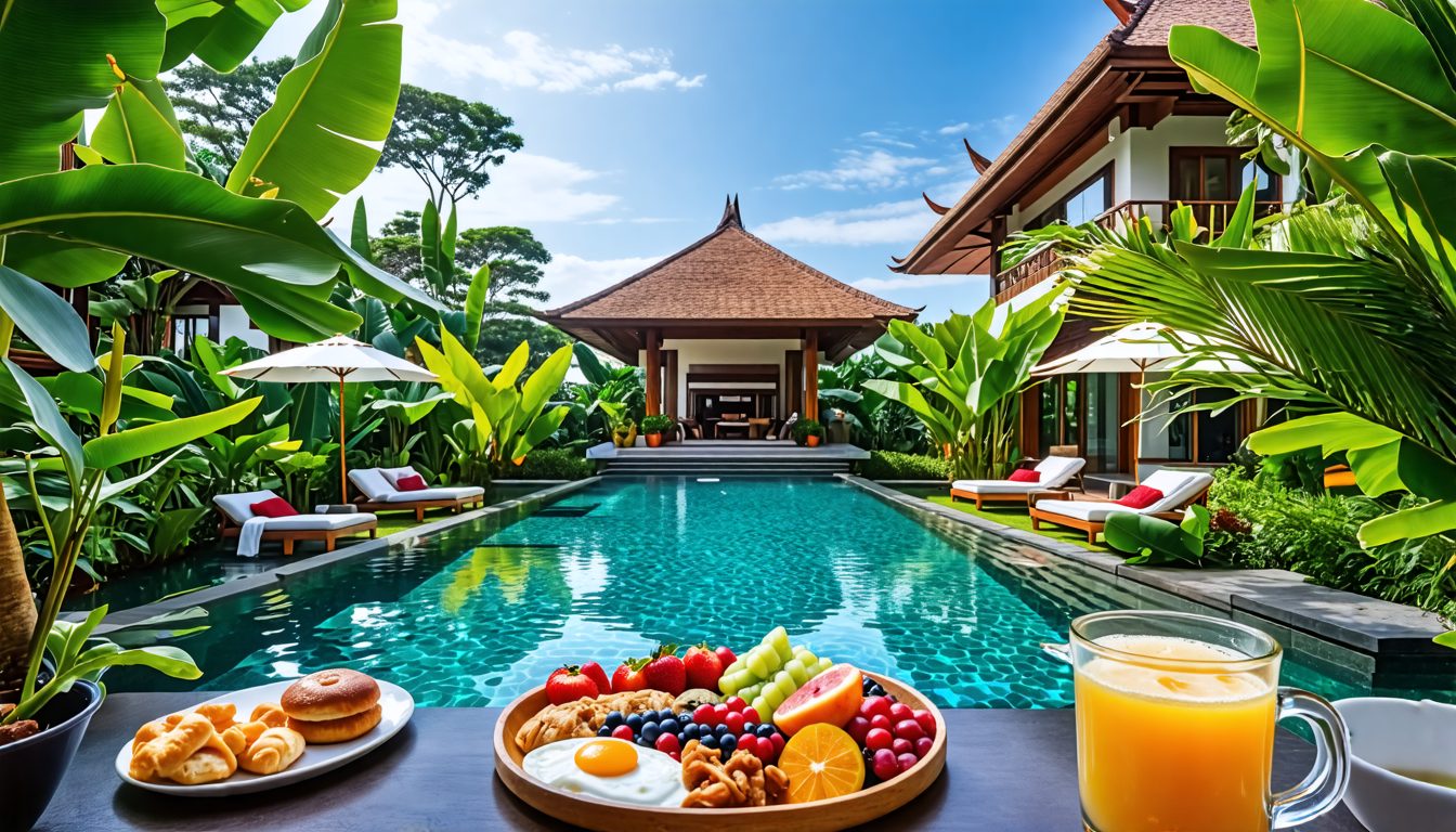 Create an image of a luxurious villa in Bali surrounded by lush tropical greenery. The focal point is a beautiful infinity pool with a tray of floating breakfast items, including tropical fruits, past