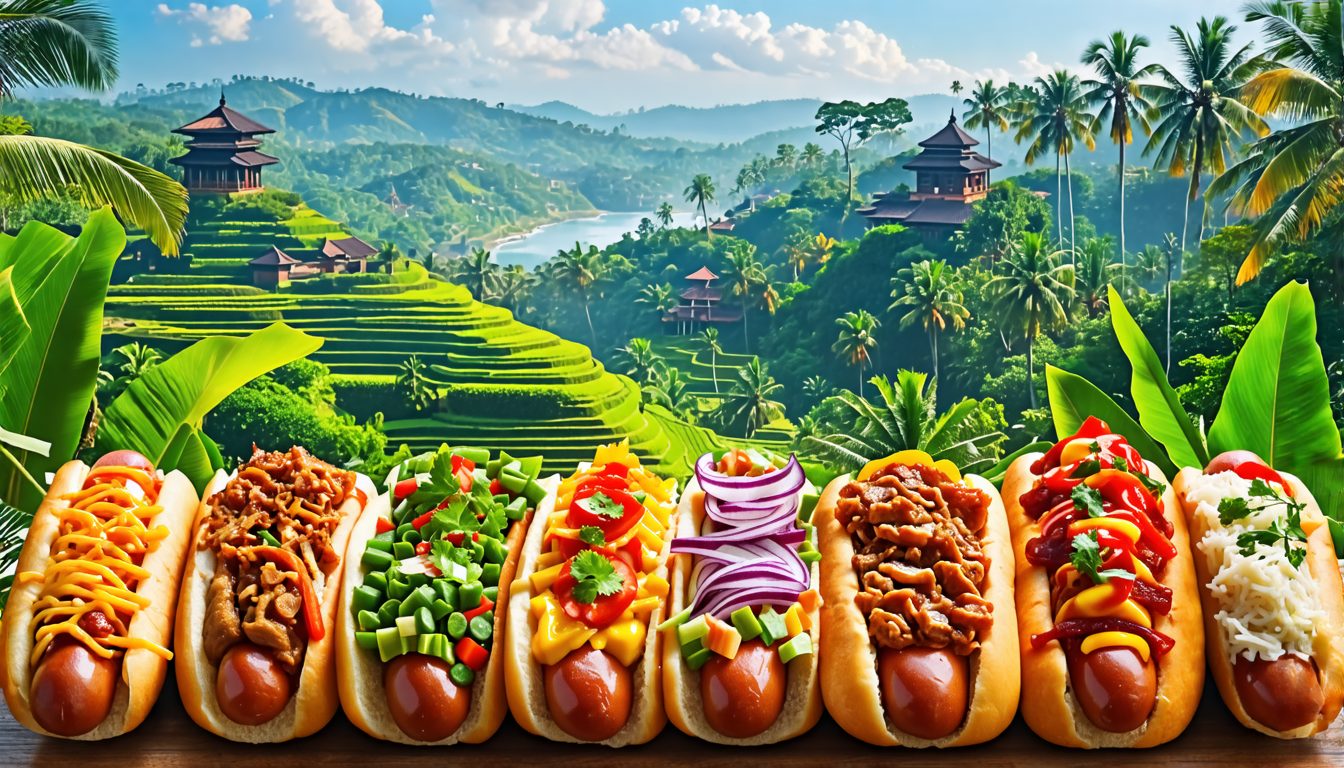 Create an image of a diverse array of creatively topped hot dogs set against the vibrant backdrop of Bali's lush landscapes. Each hot dog should feature unique and exotic ingredients, reflecting both