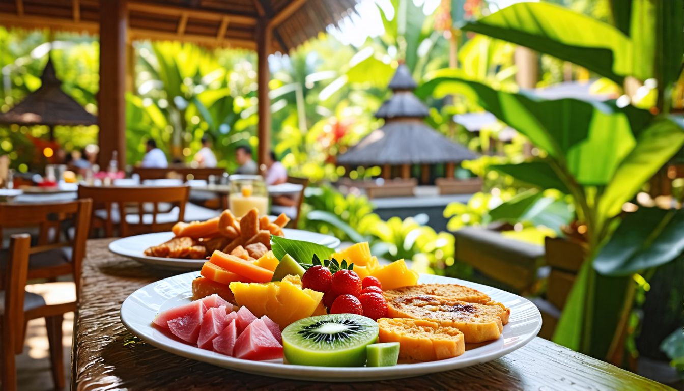 A vibrant and inviting breakfast scene at Shrida Restaurant in Ubud, Indonesia. Display a beautifully plated selection of local delicacies, including tropical fruits, freshly baked goods, and traditio