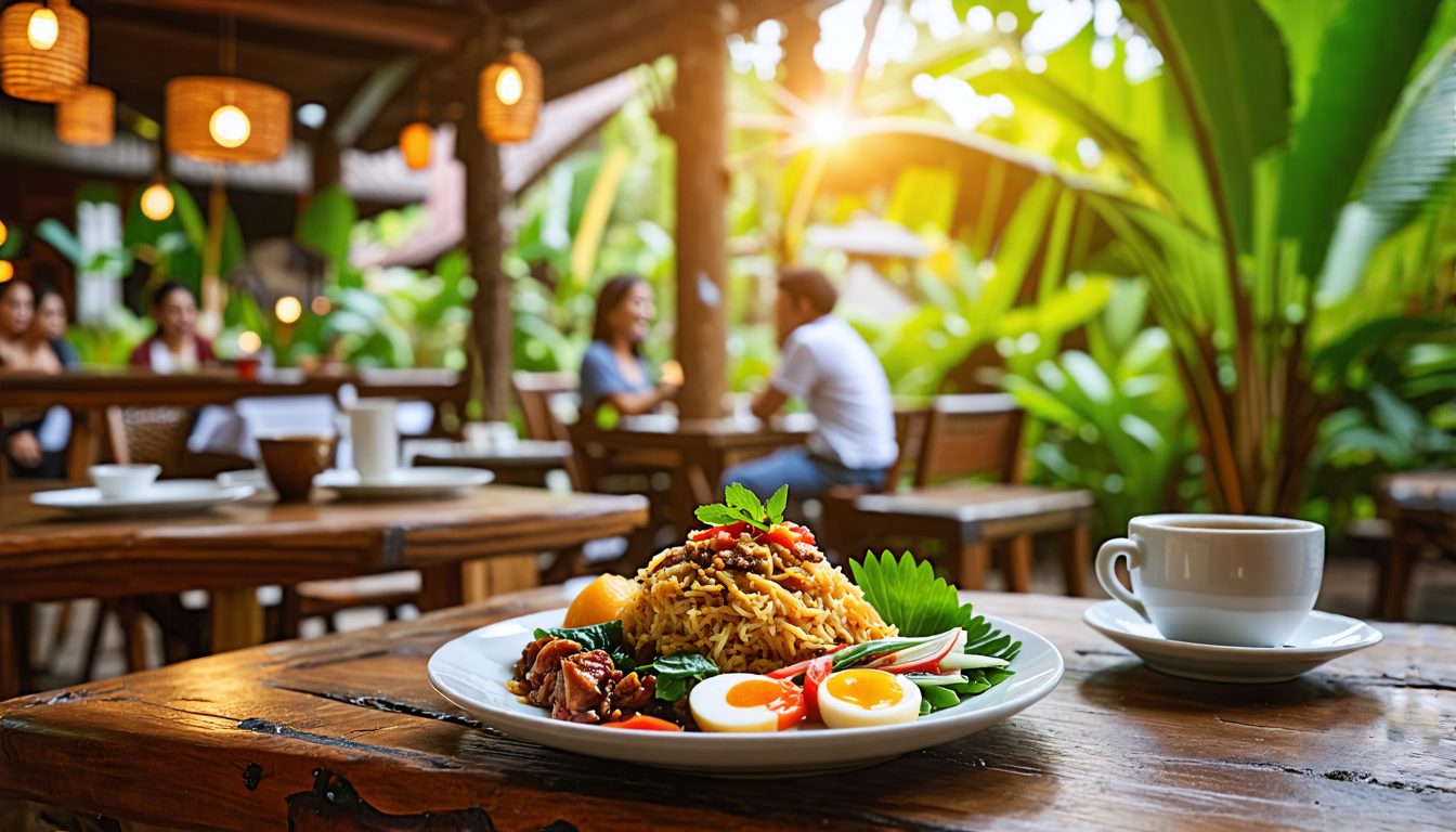 A serene morning at Shrida Restaurant in Ubud, Indonesia, where beautifully plated traditional Indonesian breakfast dishes are being served on rustic wooden tables. The scene includes lush tropical pl