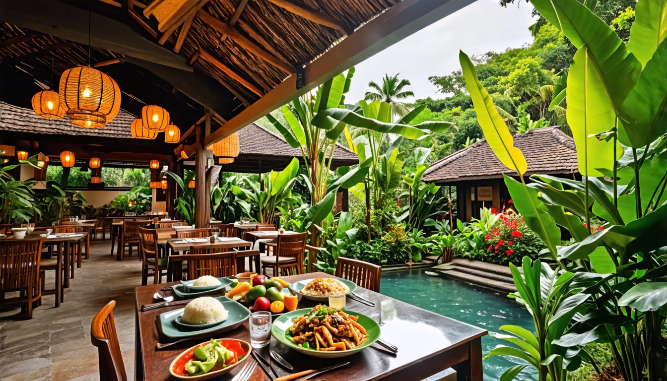 Create an inviting scene capturing the ambiance of Shrida Restaurant in Ubud, Indonesia during breakfast time. Show a cozy outdoor seating area with lush greenery and a serene atmosphere. Include a be