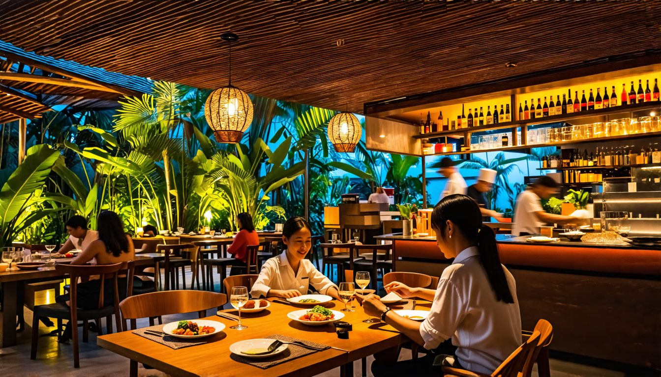 A vibrant, bustling evening scene at Hiiragi Restaurant in Canggu, Kerobokan Kelod, Indonesia. The restaurant features a modern tropical design with open-air seating, lush green plants, and warm ambie