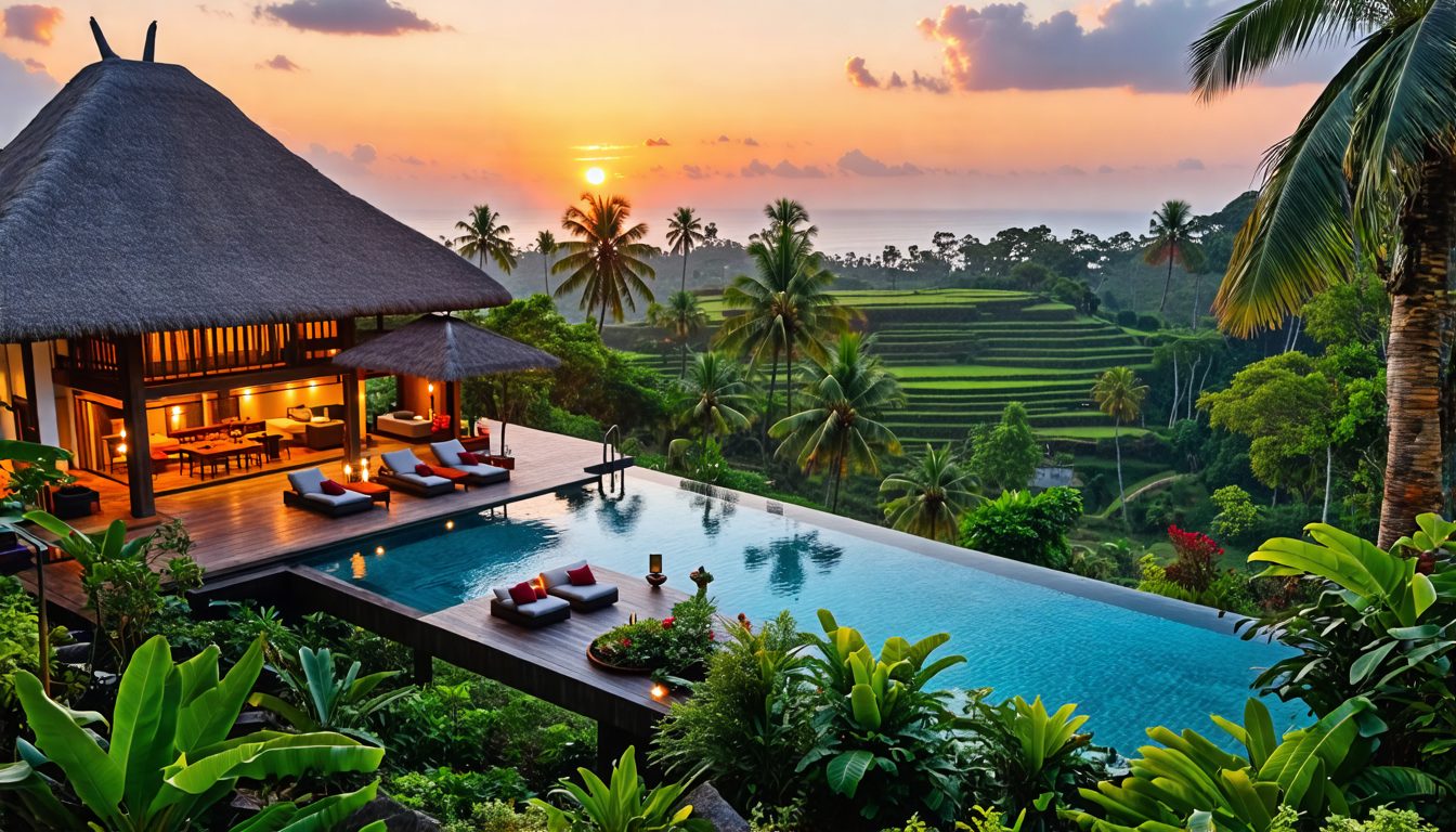 An idyllic scene showcasing a selection of luxurious villas in Bali. Each villa features traditional Balinese architecture with thatched roofs and intricate wood carvings, surrounded by lush tropical