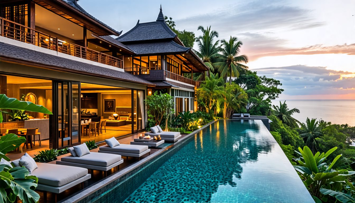 Create an image of Villa Sol Y Mar, a luxurious retreat in Bali. Show a beautiful, modern villa with a blend of traditional Balinese architecture. Highlight the infinity pool overlooking the ocean, lu