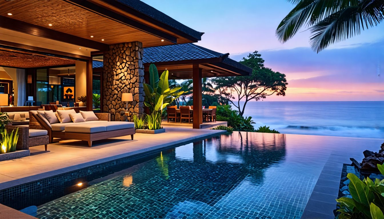 Create an image of a luxurious beachfront villa at The Ritz-Carlton in Bali, featuring an infinity pool overlooking the ocean, lush tropical gardens, and elegant outdoor seating areas. Highlight the e