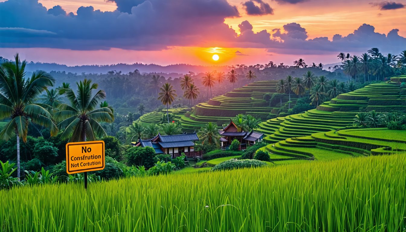 Create an image of a serene Balinese landscape featuring lush rice terraces and traditional Balinese temples, juxtaposed with No Construction signs and partially built hotels that are left unfinished.