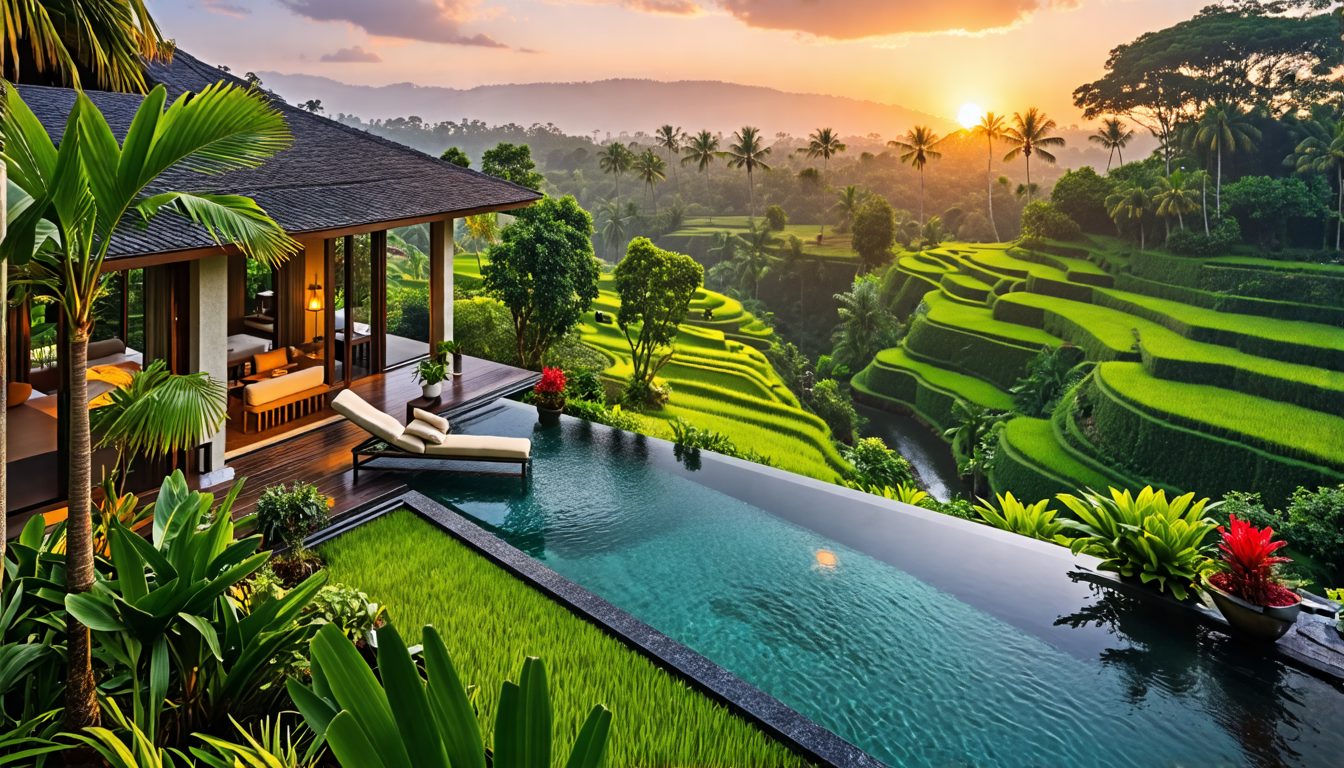 A luxury resort nestled in the lush tropical landscape of Ubud, Bali, featuring modern architectural designs blended seamlessly with traditional Balinese elements. The setting includes stylish villas