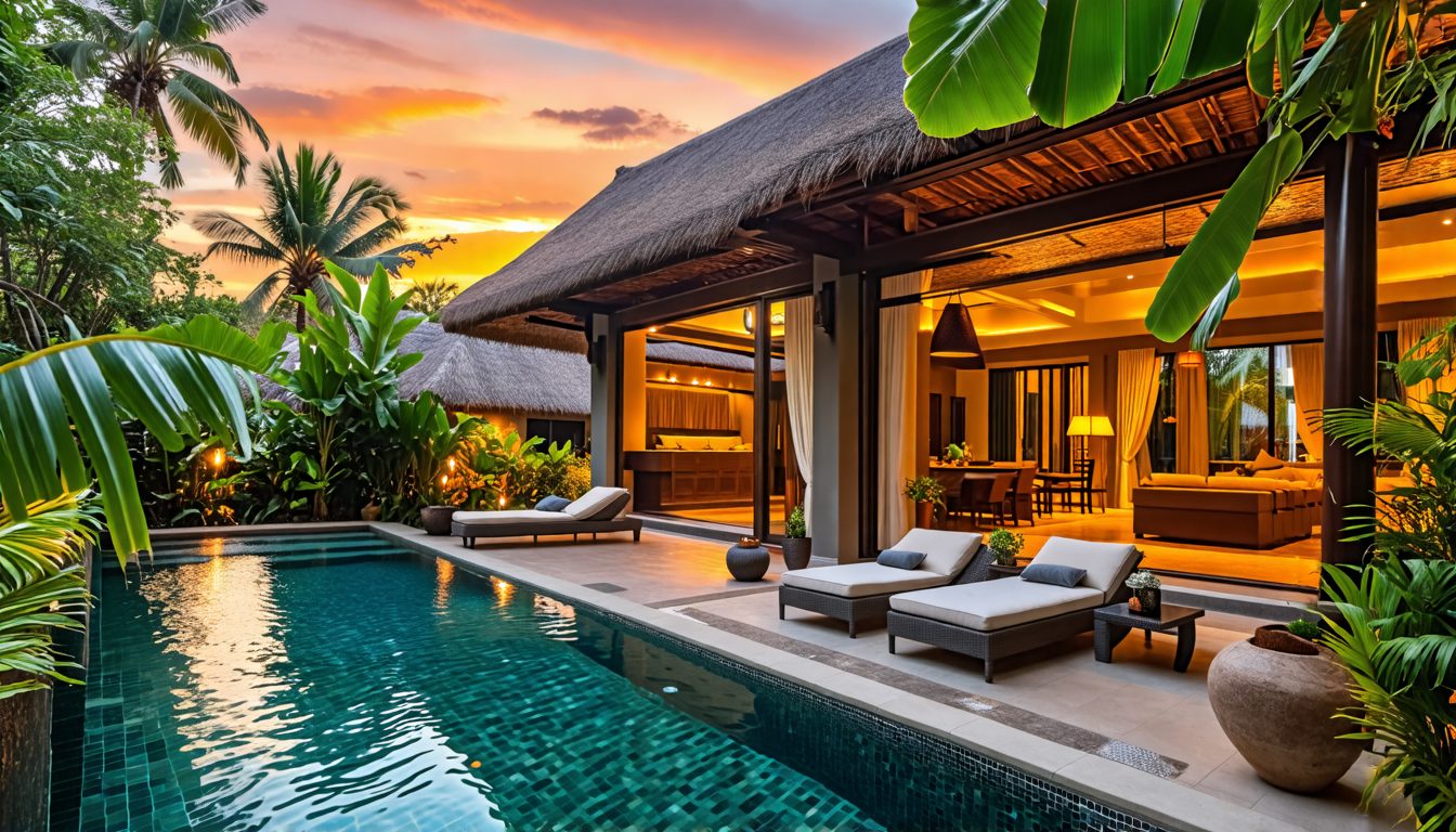 Create a stunning image of Villa Amy at Dea Villas, showcasing its luxurious and exclusive ambiance. The villa should feature elegant Balinese architecture with traditional thatched roofing, lush trop