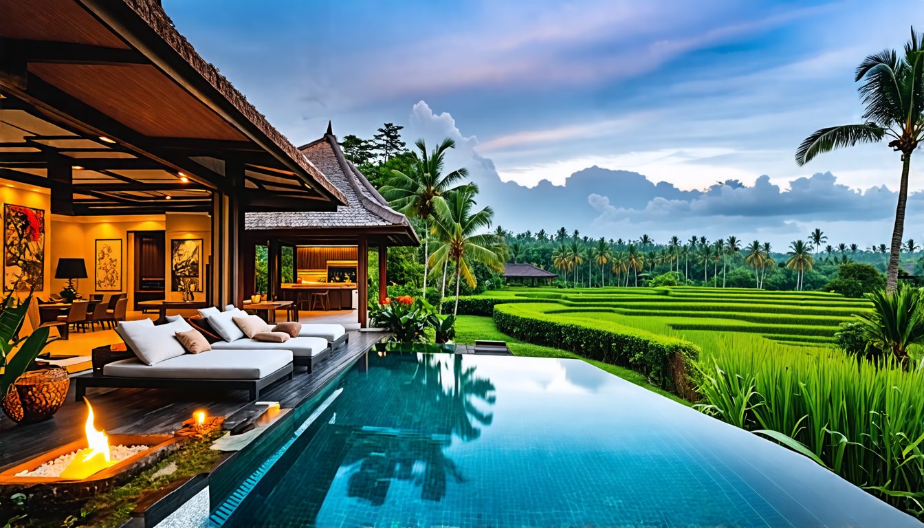 A luxurious, serene villa surrounded by lush tropical gardens in Bali, featuring a private infinity pool, elegant modern Balinese architecture, and spacious open-air living spaces. Show guests loungin