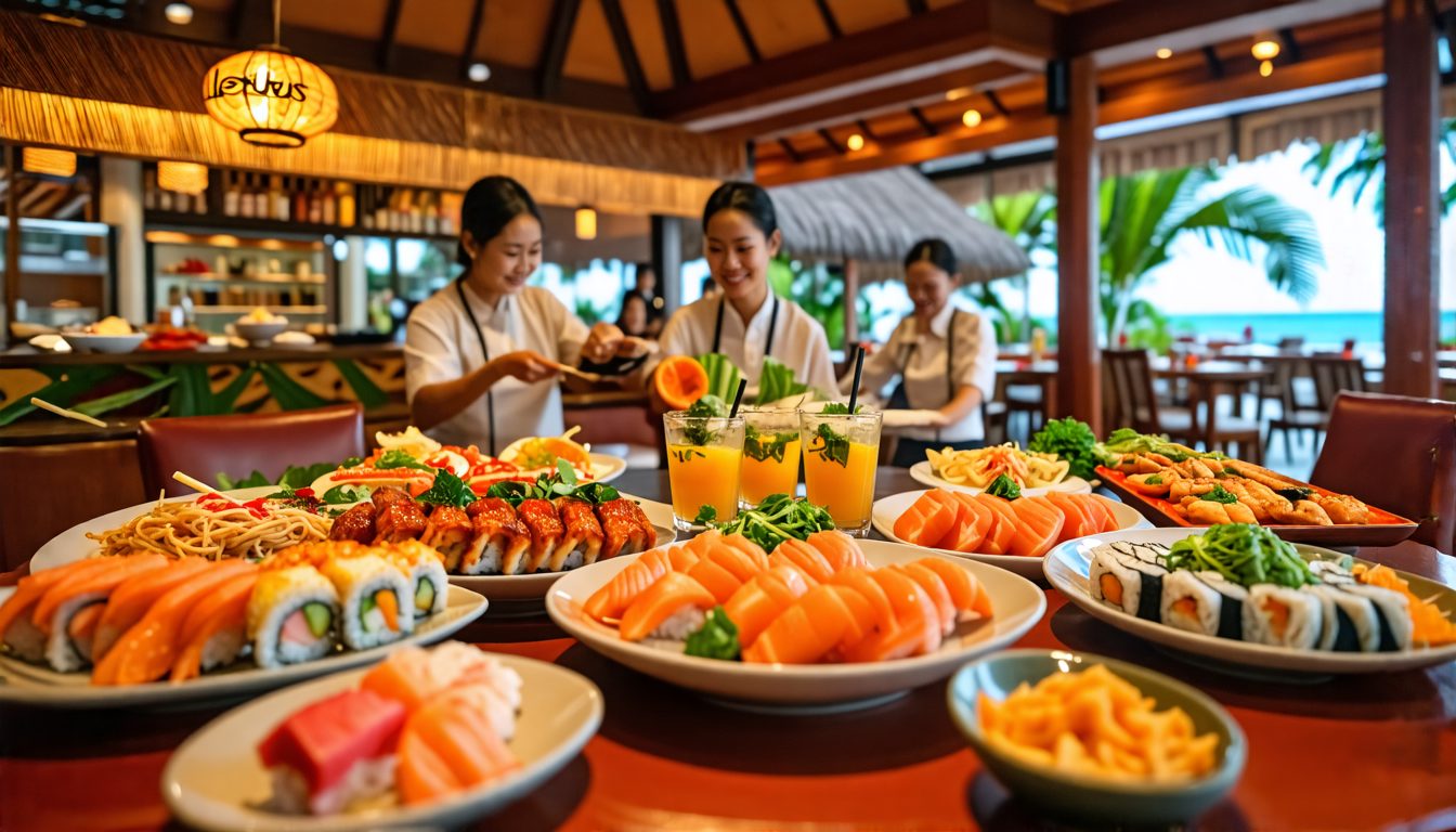 Create an image capturing the vibrant atmosphere of Lotus Asian Restaurant in Nusa Dua, Indonesia. Focus on a beautifully arranged table featuring a variety of delicious Asian dishes, including sushi,