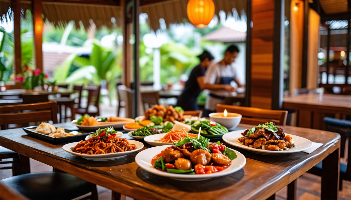 Create an image capturing the ambiance of Black Rose Resto in Pecatu, Indonesia, highlighting its delightful and unassuming atmosphere. Depict an inviting and cozy dining area with rustic decor, warm