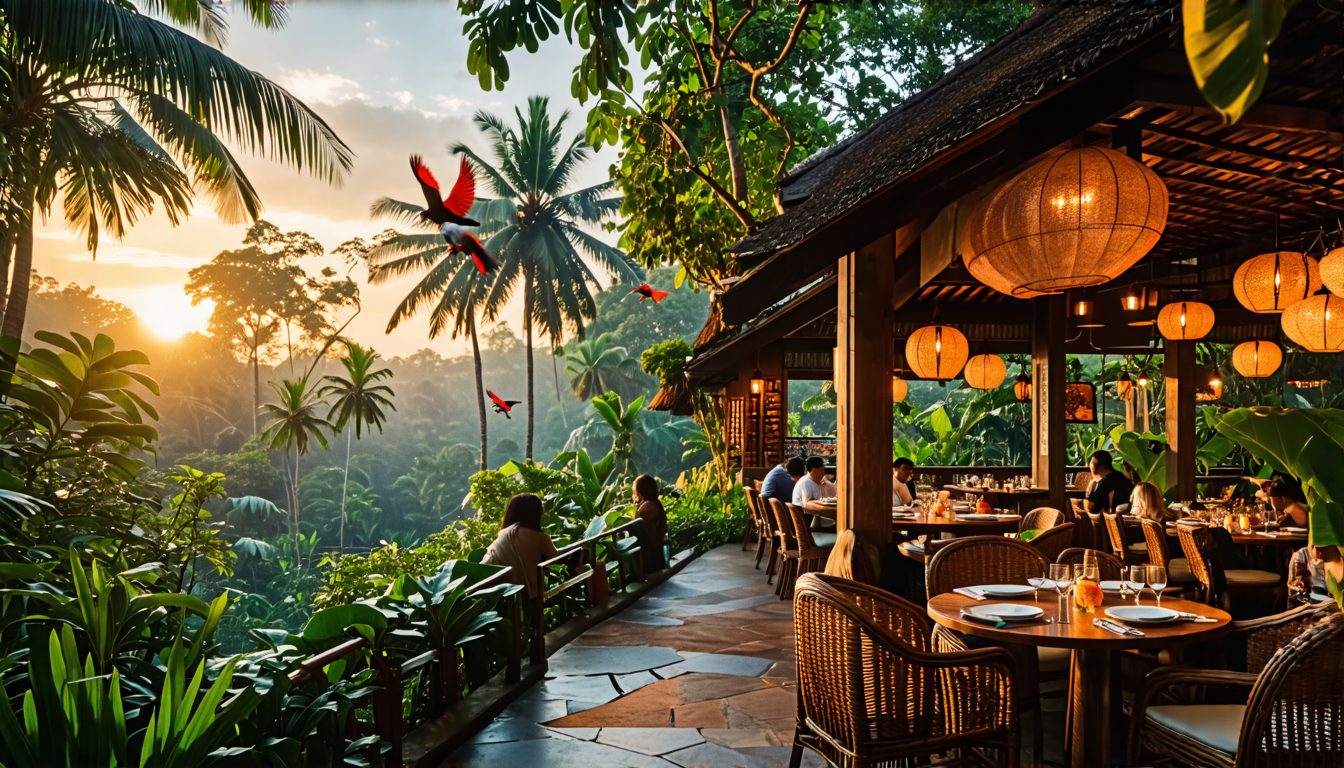 Create an image of an elegant restaurant set amidst a lush, vibrant jungle in Ubud, Indonesia. The restaurant, Birdhill Ubud, features an open-air dining area with beautifully set tables overlooking a