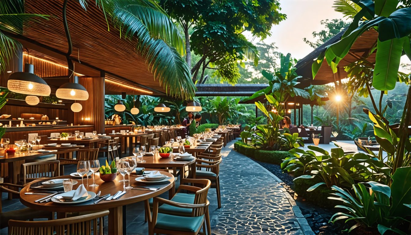 Create a stunning image of the Api Jiwa restaurant in Kelusa, Indonesia. Show a beautifully set outdoor dining area surrounded by lush greenery and tropical plants. Highlight the gourmet cuisine with