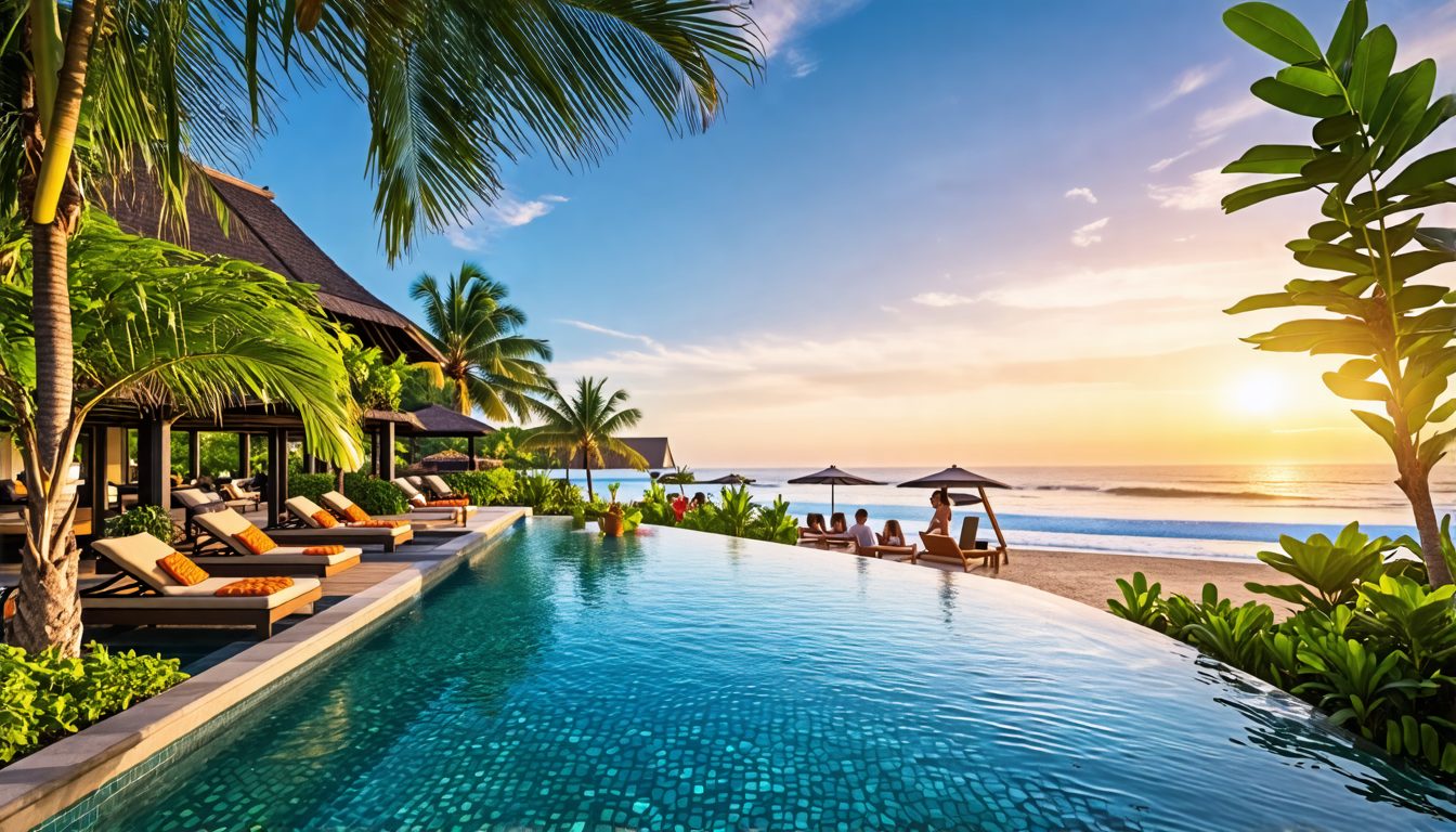 Create a vibrant tropical resort scene that highlights the luxurious InterContinental Bali Sanur Resort. Show a serene beachfront with clear blue waters, palm trees, and a luxurious pool area. Include