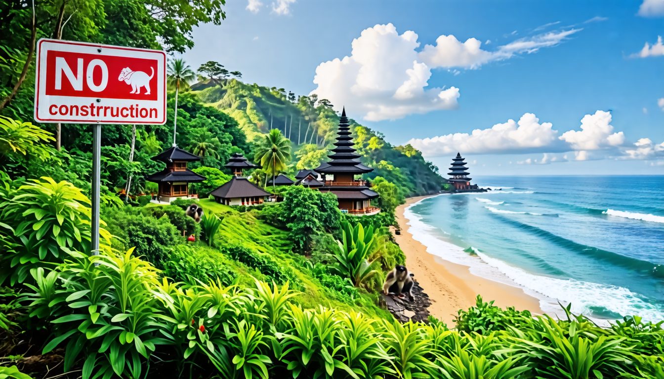 Create an image depicting a scenic view of Bali's beaches and lush greenery with a clear 'No Construction' sign prominently displayed. Show local wildlife like monkeys and birds thriving in their natu