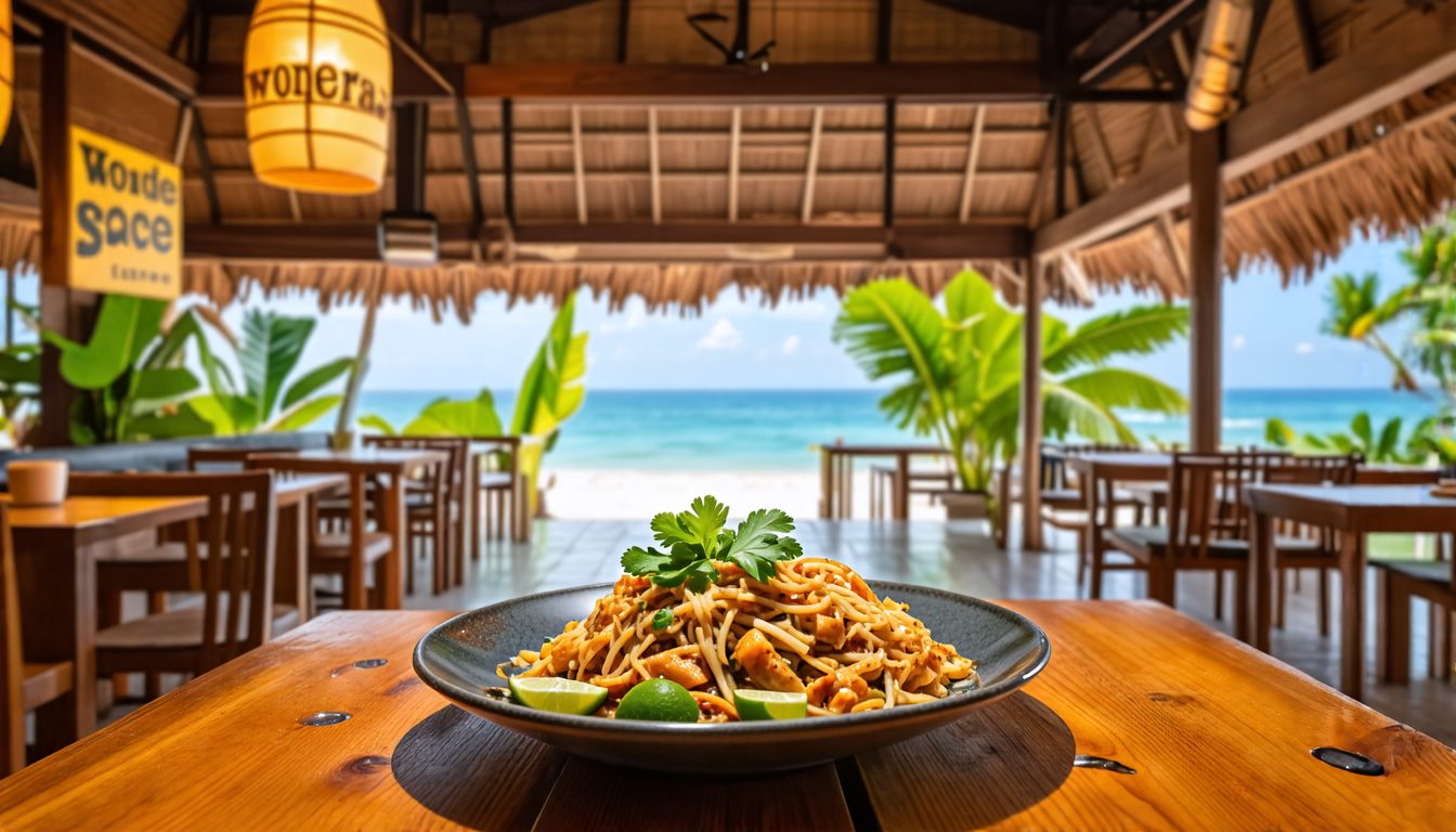 Create an image of a vibrant and cozy Thai restaurant set in a picturesque beachside location in Sanur, Indonesia. Show an inviting interior with warm lighting, wooden decor, and lush greenery around.