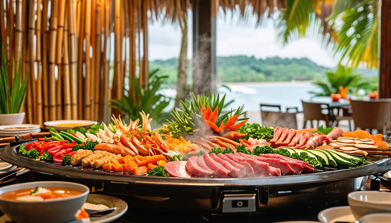 Create an image of a luxurious dining setting in Bali, featuring a vibrant and aromatic hotpot meal at Bai Yun restaurant in Nusa Dua, Indonesia. The table should display an array of fresh vegetables,