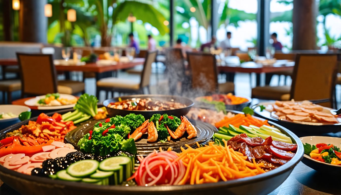 Create an image depicting an enchanting hotpot dining experience at Bai Yun in Nusa Dua, Bali. The image should show a beautifully set table with a simmering hotpot in the center, surrounded by an arr