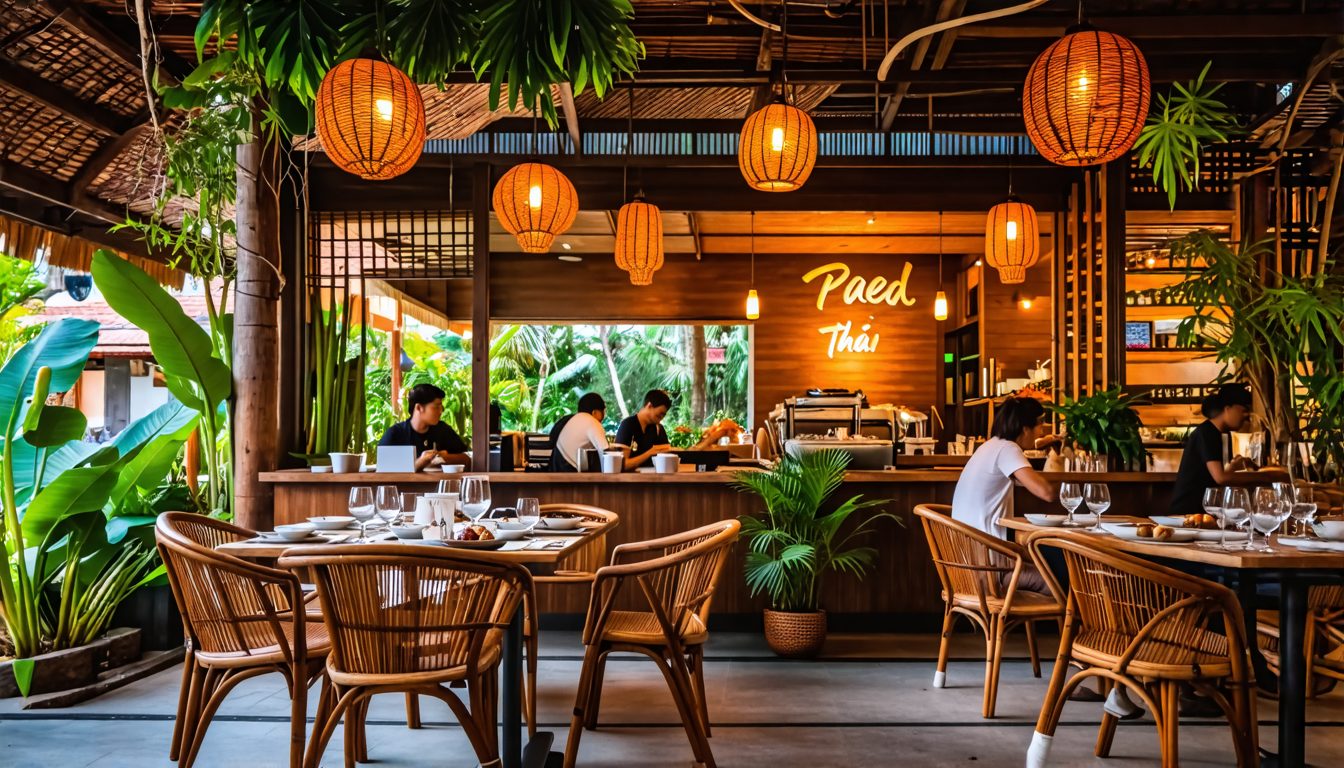 Create an inviting image of a cozy Thai restaurant in Sanur, Indonesia named Paed Thai Sanur. The restaurant should feature a comfortable ambiance with warm lighting and traditional Thai decor. Includ