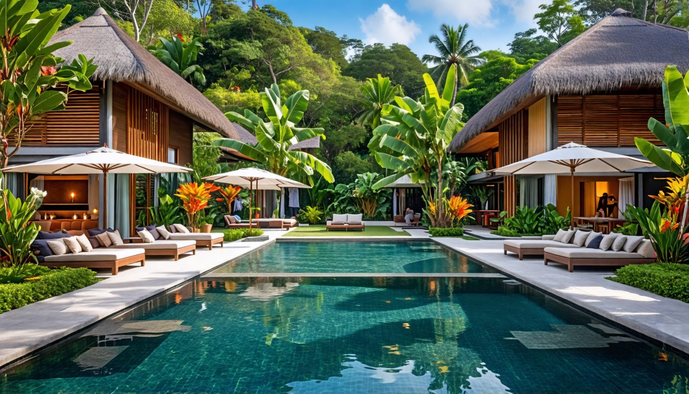 Create an image showcasing a collection of luxurious villas in Bali set against a backdrop of stunning natural landscapes. Each villa should exude opulence with features like infinity pools, expansive